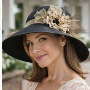 Something Special Black Wide Brim Dress Hat with Floral & Feather Detail